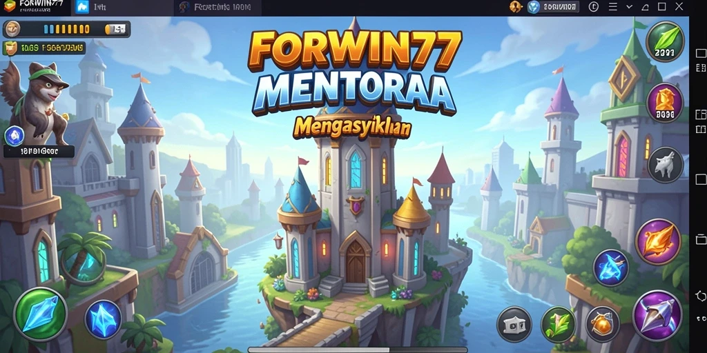 Tampilan gameplay <strong>FORWIN77</strong> dengan pertahanan menara yang spektakuler.