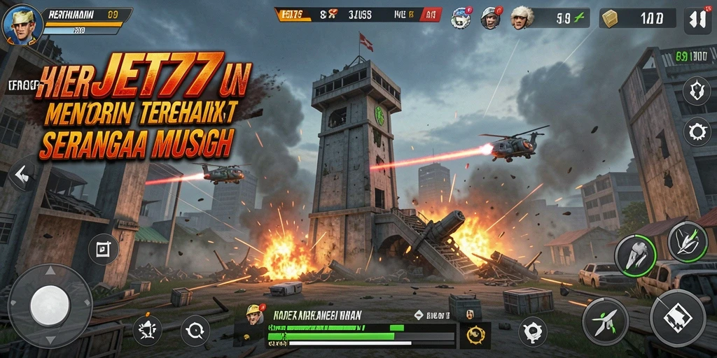 Screenshot gameplay JET77 yang menunjukkan aksi pertahanan menara.