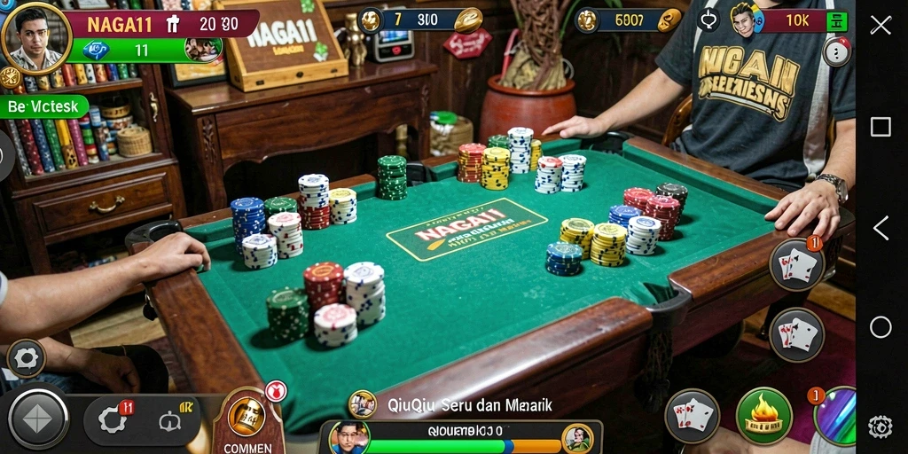 Screenshot NAGA11 menampilkan momen seru dalam permainan QiuQiu.
