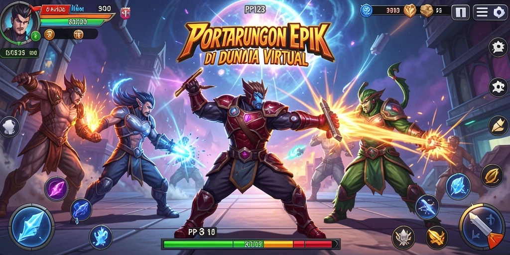 Tangkapan layar utama PP123 menampilkan pertarungan seru antar karakter.