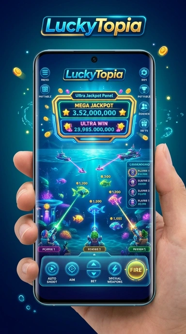 Tampilan utama aplikasi Luckytopia dengan berbagai kategori aplikasi.
